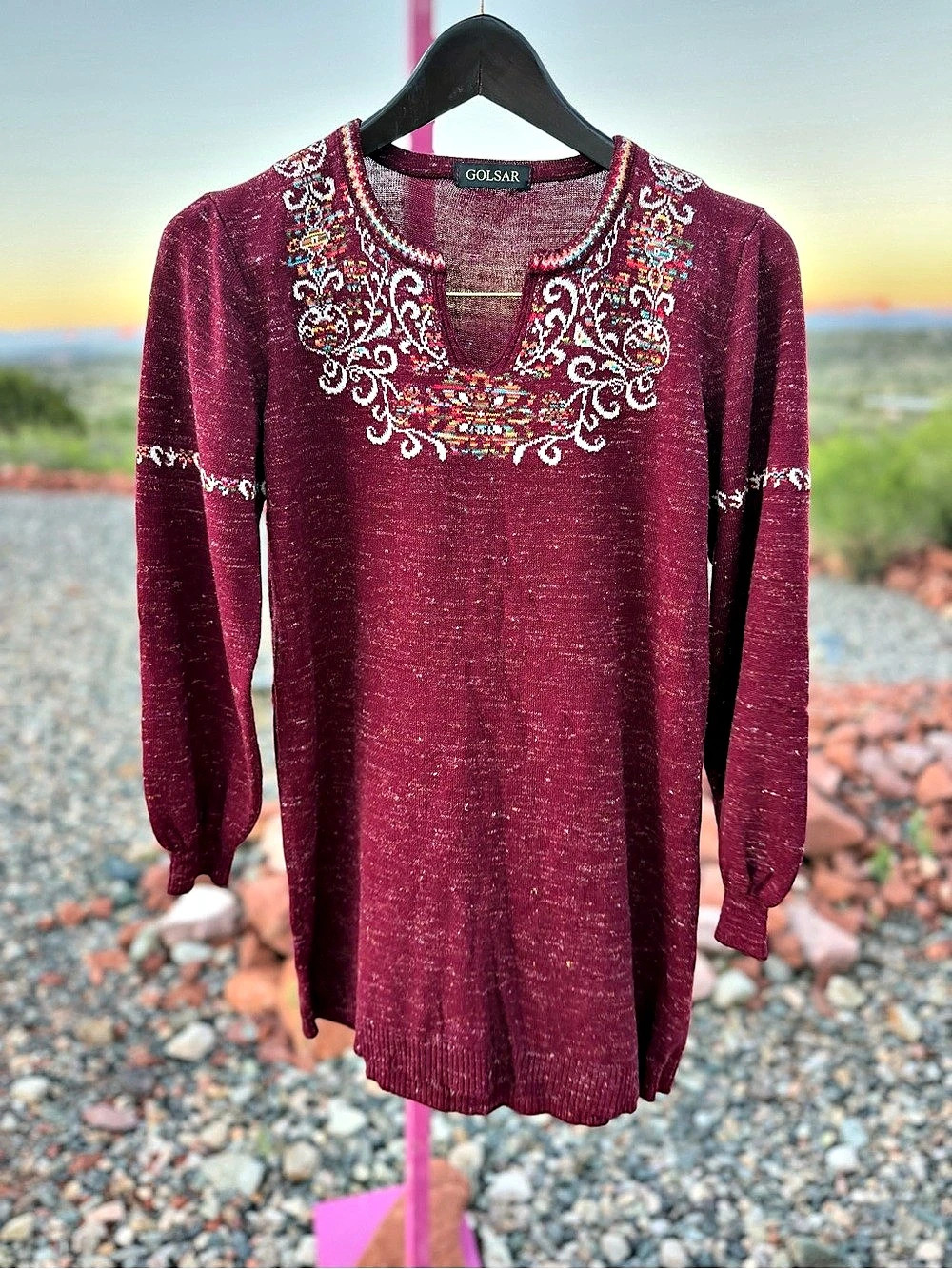 Vintage Golsar Made USA Burgundy Embroidered Boho Folk Tunic Sweater S/M Classic
